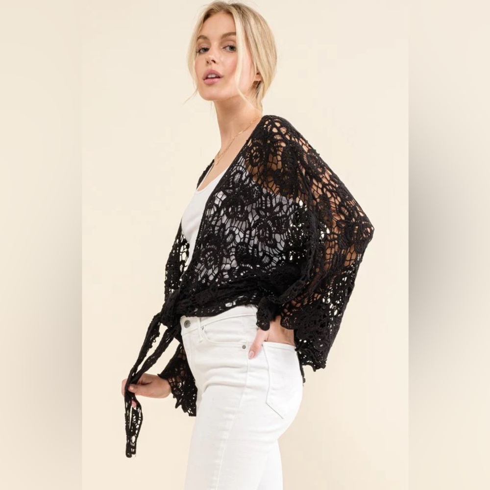 Crochet Tie-Front Kimono Shrug - Black - Picture 2 of 8